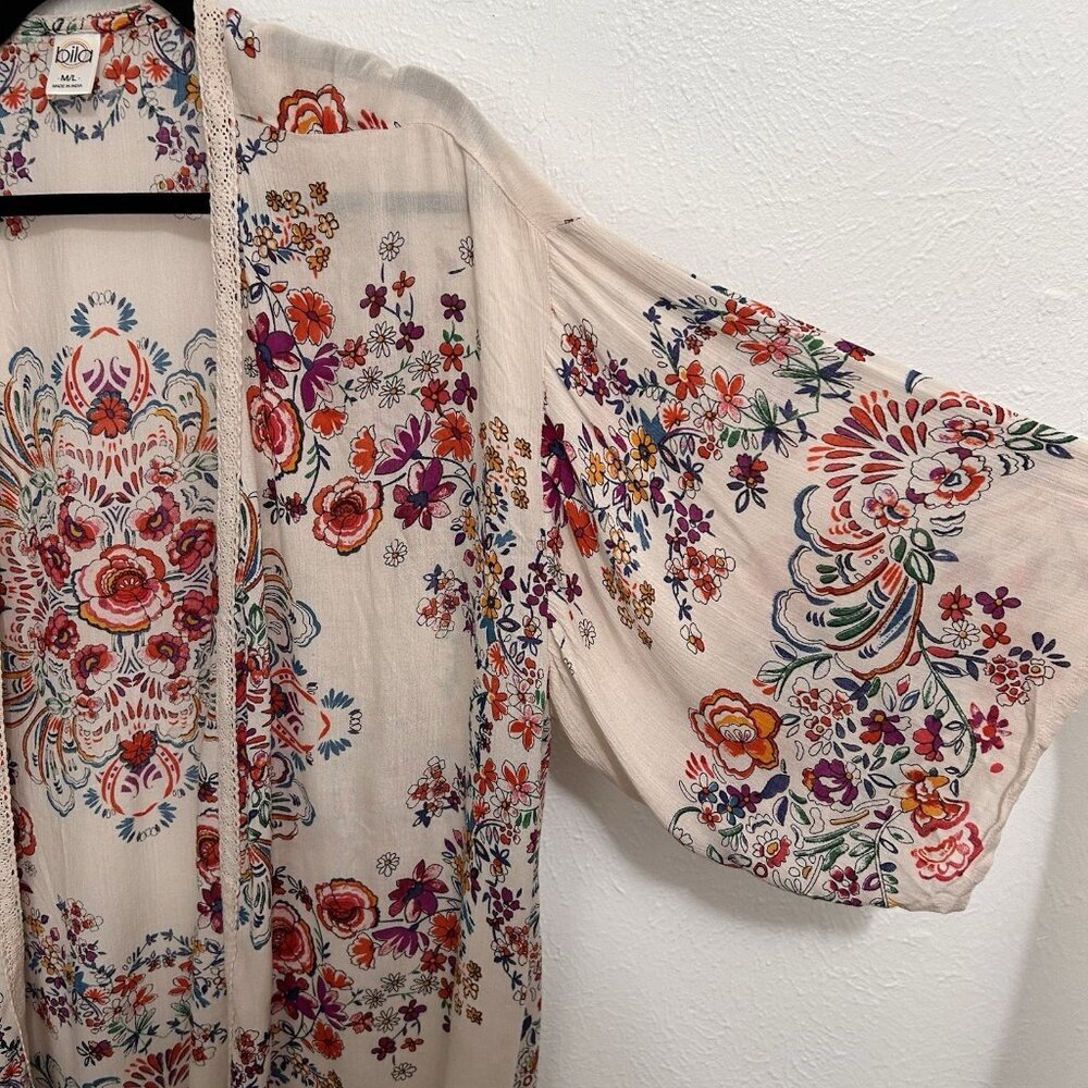 Bila Boho Hippie Floral Long Kimono Duster Cover-Up Cardigan Sz M/L Lace Trim - Picture 5 of 12